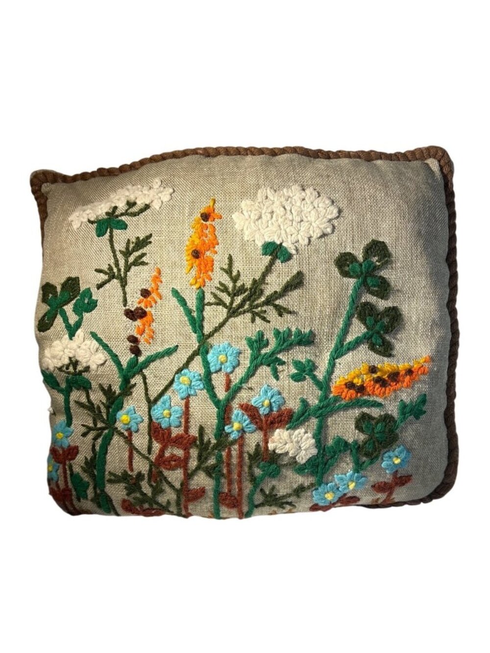 Hand Embroidered Floral Linen Throw Pillow Braided Trim 11" x 9.5" Cushion Vtg